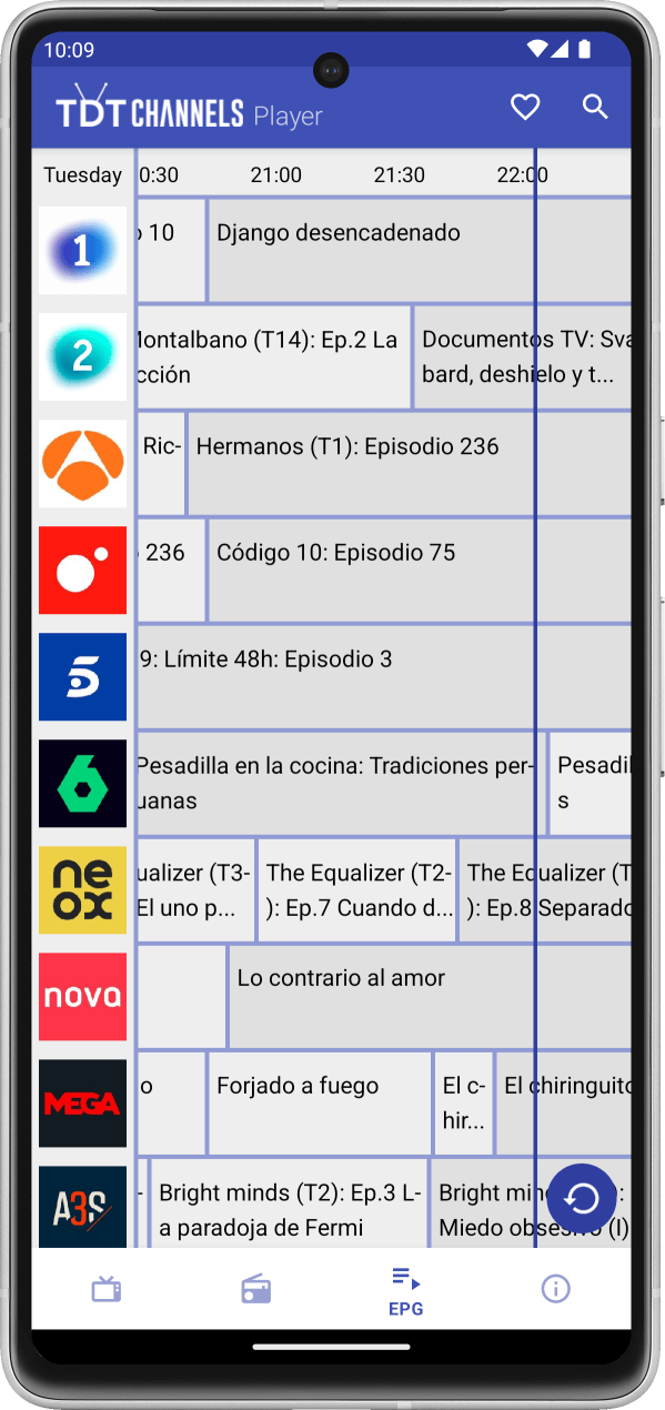 TDTChannels Player en Android en la pestaña de vista de EPG general