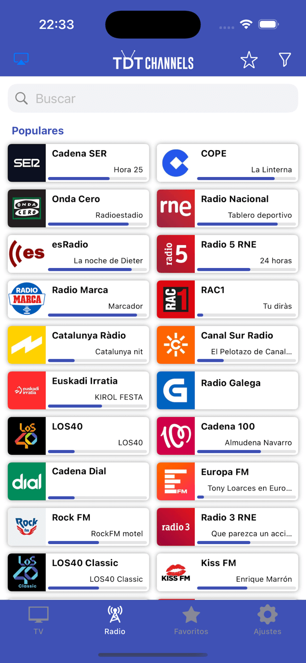 TDTChannels en iOS en pestaña Radio