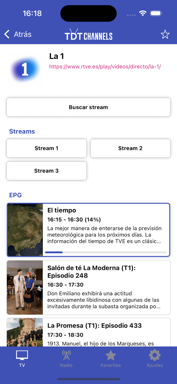 TDTChannels en iOS en la vista de detalles EPG para un canal de TV